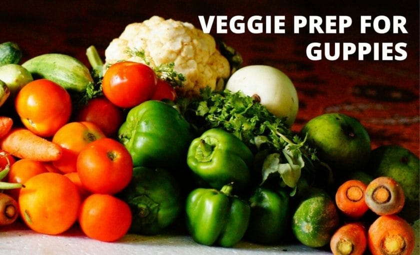 vegetable image with text overlay "veggie prep for guppies"