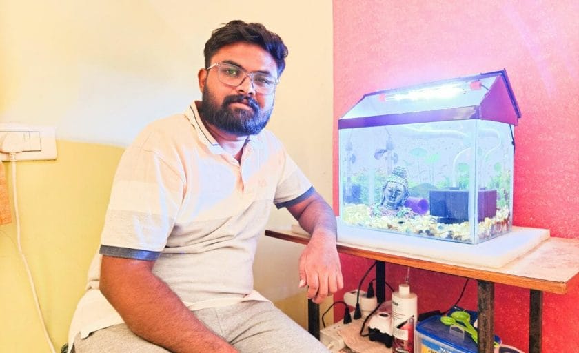 Picture of Prathmesh Gawai with his Betta fish tank