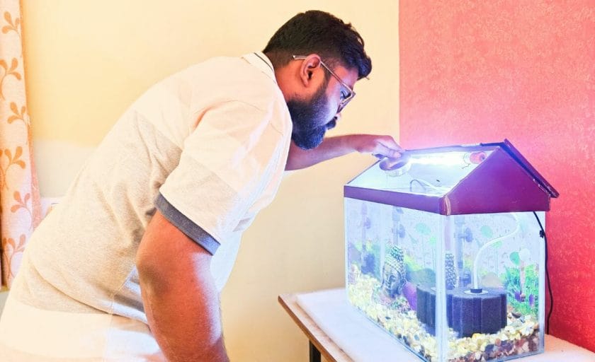 Prathmesh Gawai feeding his Betta fish 